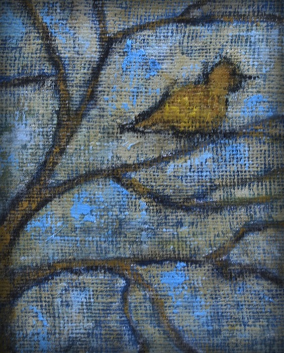 oil painting, whimsical, bird in winter tree