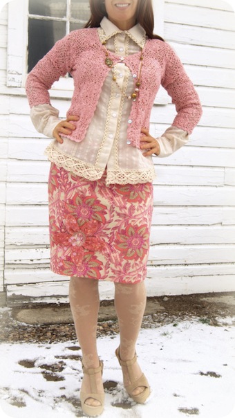 thrift cardigan, pink refashioned skirt