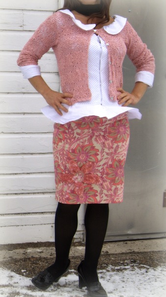 thrifted cardigan, refashioned blouse and skirt