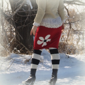 red sweater skirt back