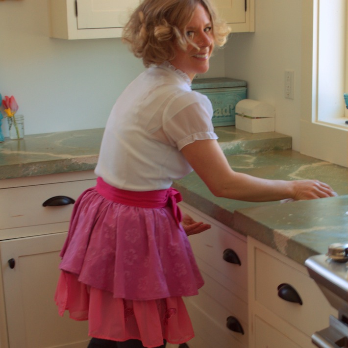 pink apron, also