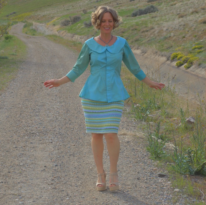 striped pencil skirt, peter pan blouse