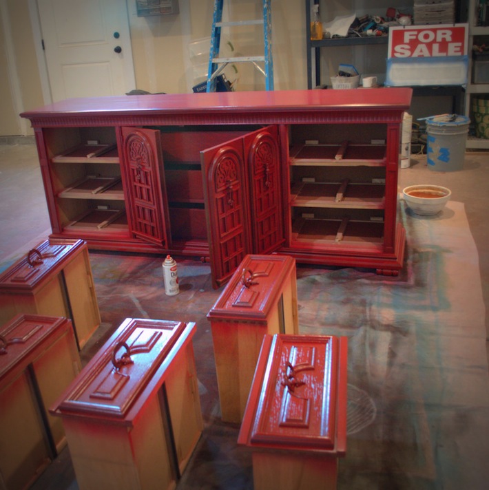 dresser, painted red